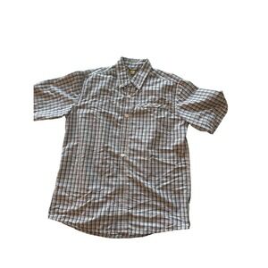 Eddie Bauer Mens Short Sleeve Plaid Button Down Shirt Navy Red White Mesh Yoke M